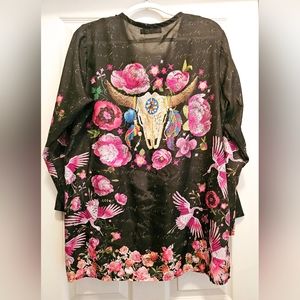 Johnny Was 100% Silk Tunic Longhorn Skull Nerissa Top